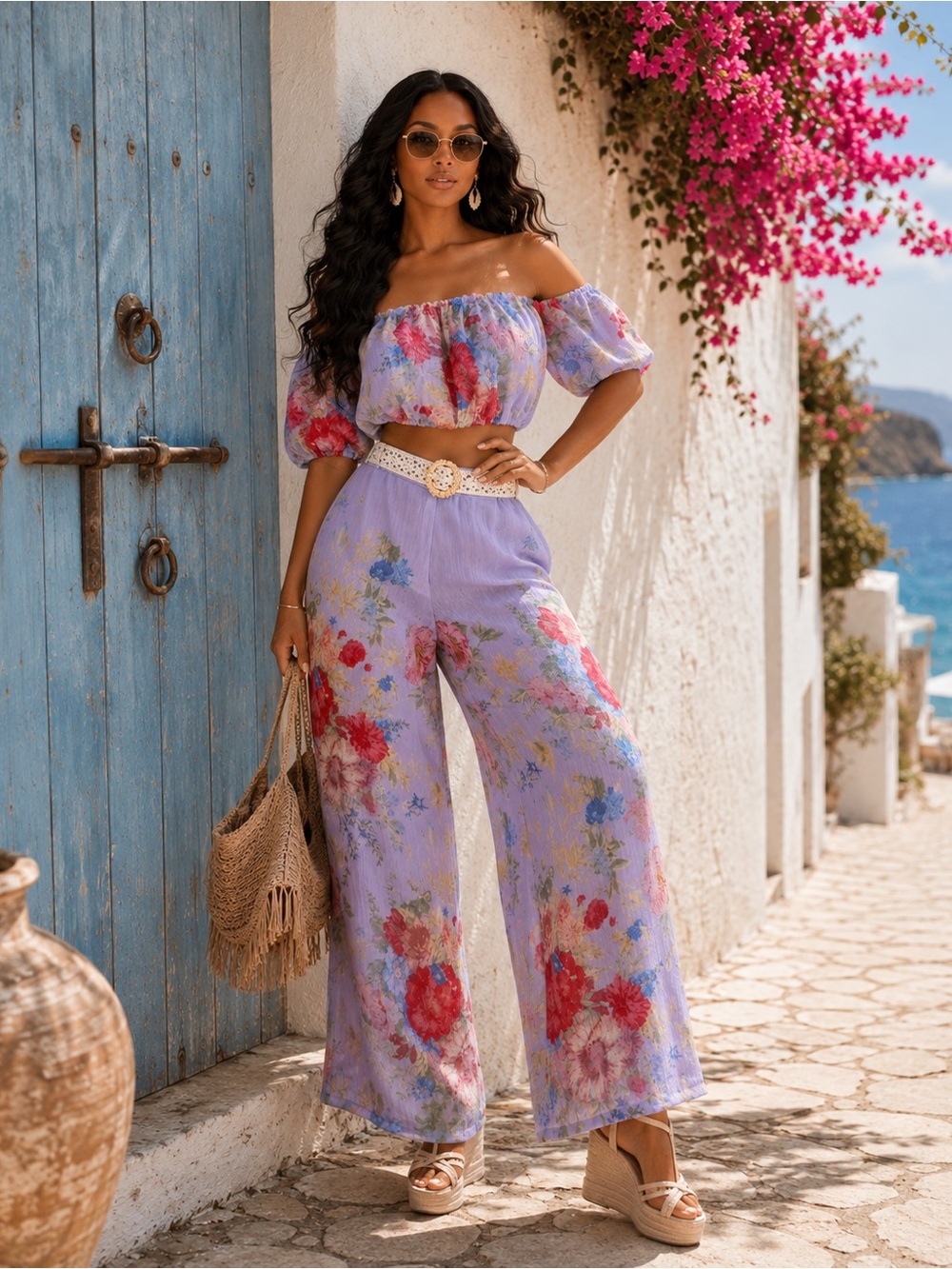 Floral Off-Shoulder Lavender Wide-Leg Pants Set